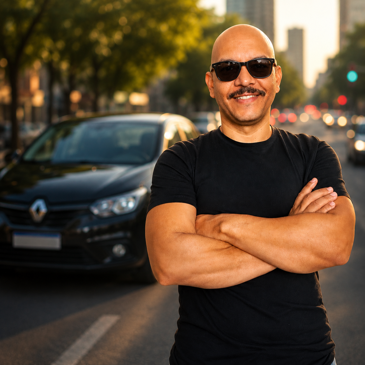 Instrutor de direção sorrindo ao lado do carro